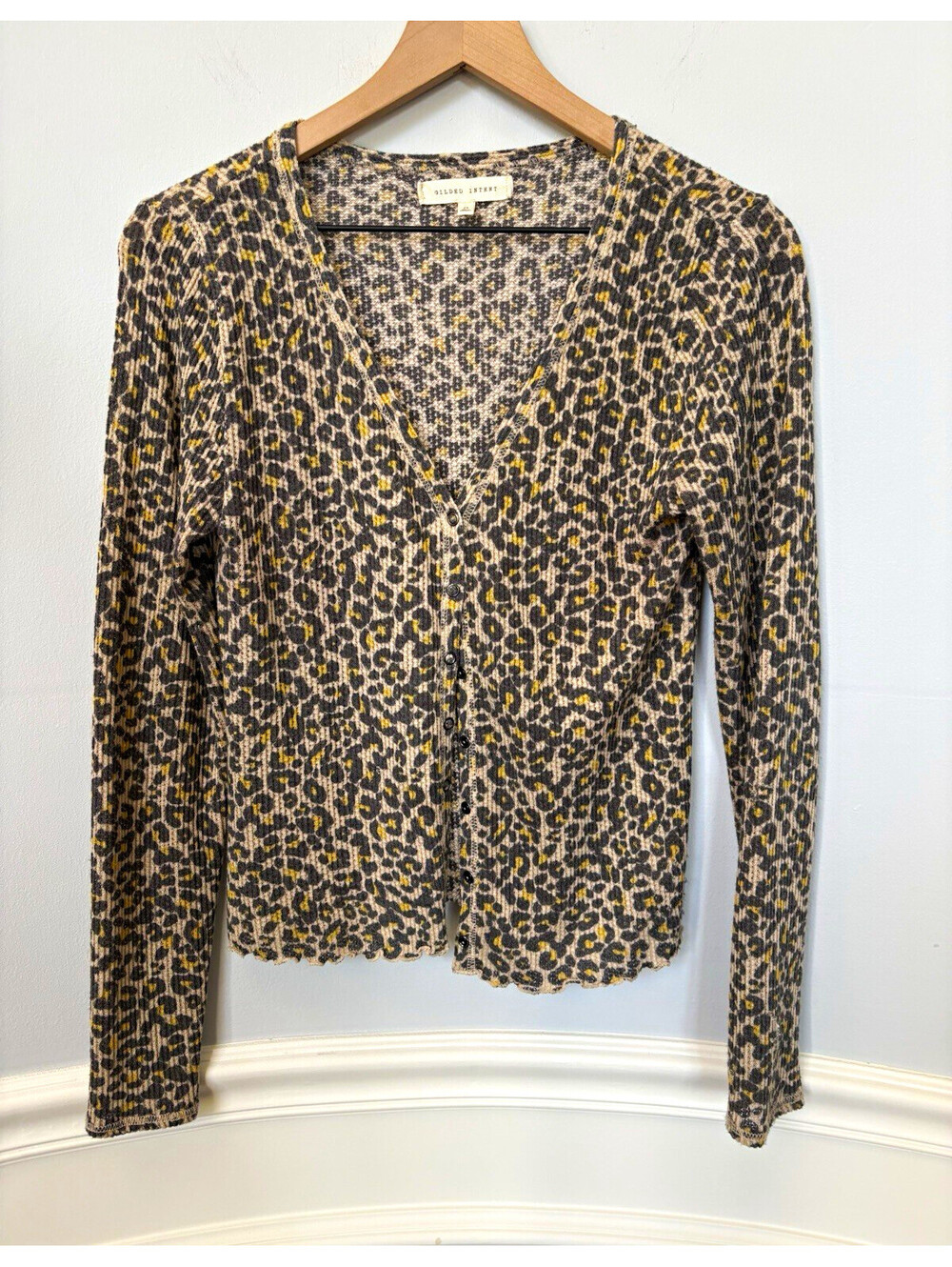 Gilded Intent Leopard Animal Print V-Neck Long Sleeve Knit Cardigan Sweater S
